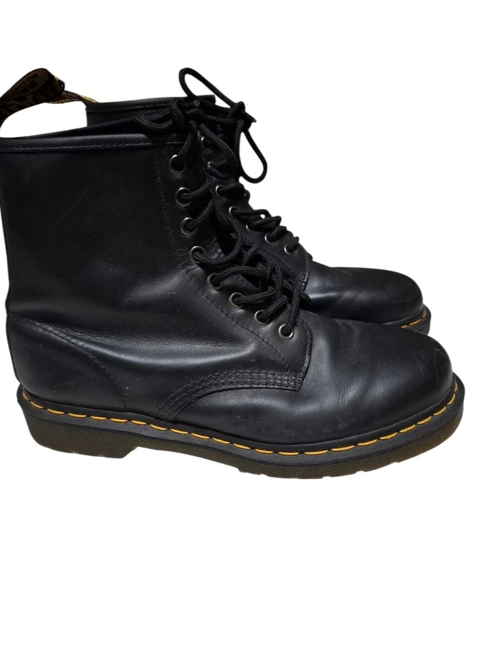 Dr. Martens Black Leather 1460 Lace-Up Combat Boots with Yellow Stitching L/10